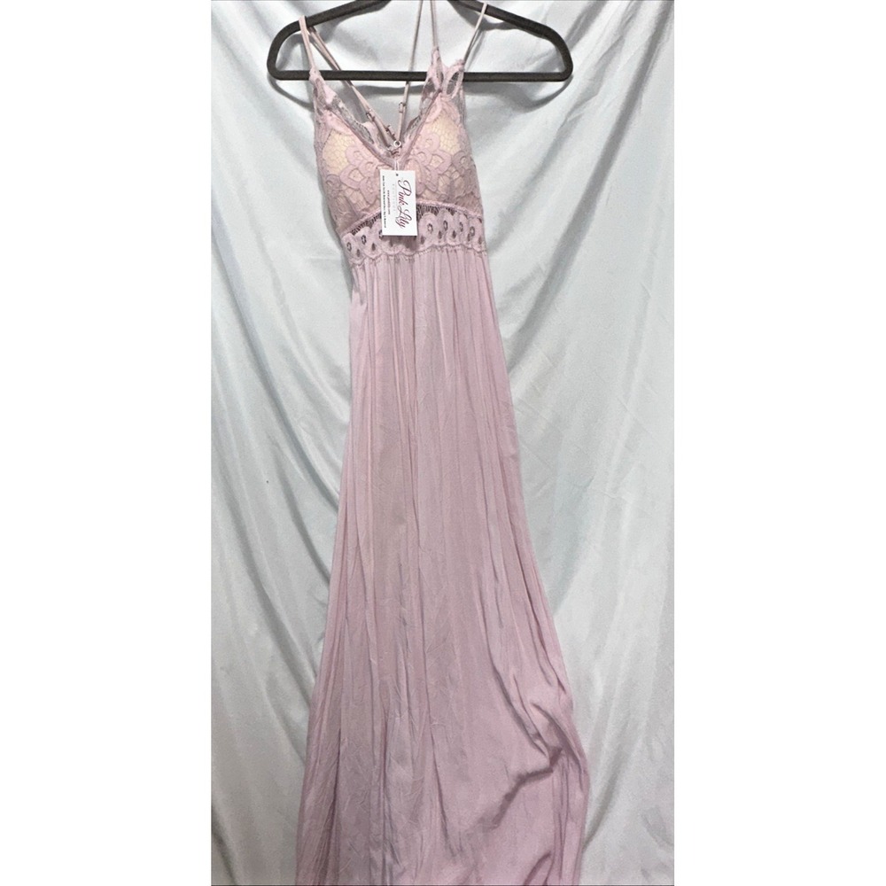Pink Lily Women's Maxi Dress S Pink Crochet Accent V-Neck Sleeveless Ruffled NWT